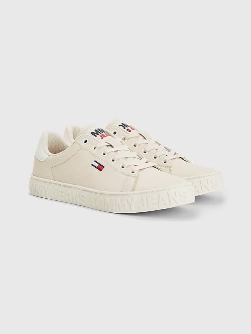 Ženske Tommy Hilfiger Logo Leather Cupsole Patike Bež | TH064NQP