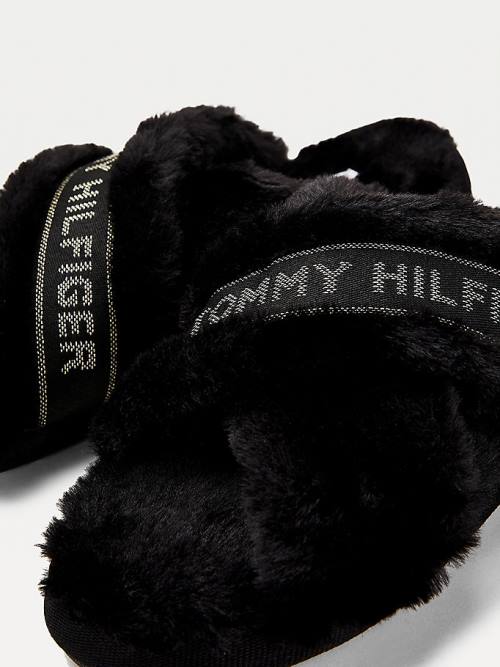 Ženske Tommy Hilfiger Logo Tape Faux Fur Papuče Crna | TH278YSA