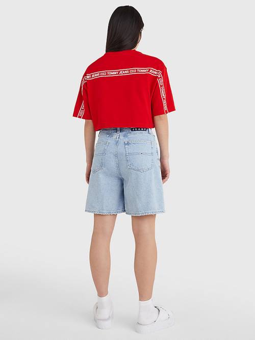 Ženske Tommy Hilfiger Logo Tape Oversized Cropped Majice Crveni | TH962NJC