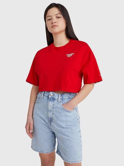 Ženske Tommy Hilfiger Logo Tape Oversized Cropped Majice Crveni | TH962NJC