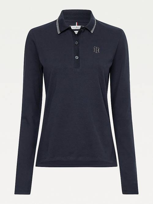 Ženske Tommy Hilfiger Long Sleeve Metallic Trim Polo Majice Crna | TH741WUS