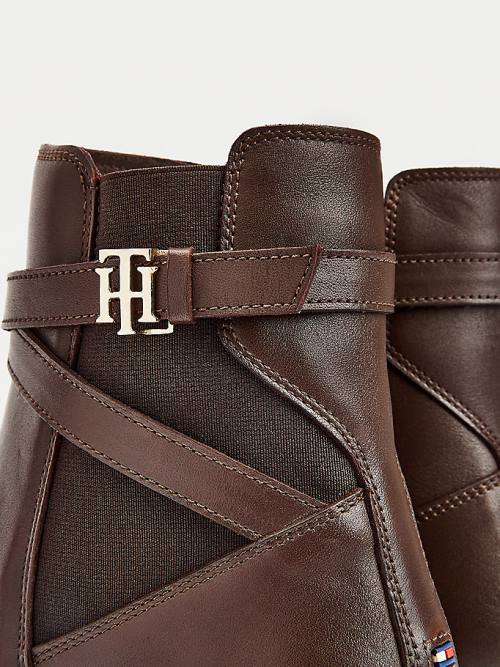 Ženske Tommy Hilfiger Monogram Crossover Strap Leather Ankle Čizme Braon | TH853KYG