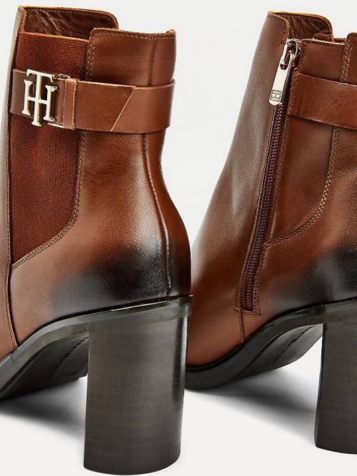 Ženske Tommy Hilfiger Monogram High Heel Leather Ankle Čizme Braon | TH195QIT