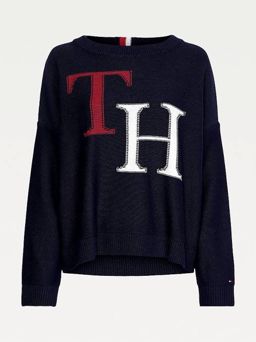 Ženske Tommy Hilfiger Monogram Knit Round Neck Jumper Džemper Plava | TH796KQI