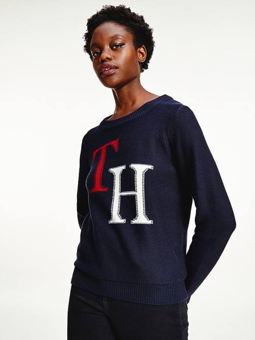 Ženske Tommy Hilfiger Monogram Knit Round Neck Jumper Džemper Plava | TH796KQI