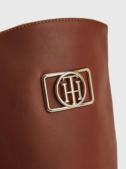 Ženske Tommy Hilfiger Monogram Plaque Long Leather Čizme Braon | TH641UTQ