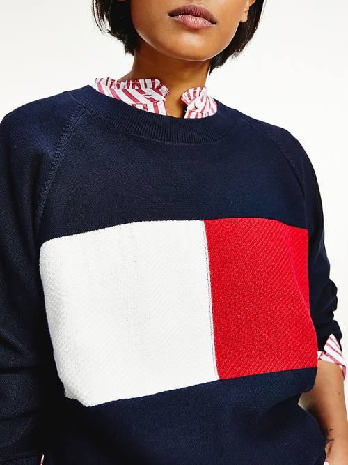 Ženske Tommy Hilfiger Organic Cotton Colour-Blocked Flag Jumper Džemper Plava | TH980PXH