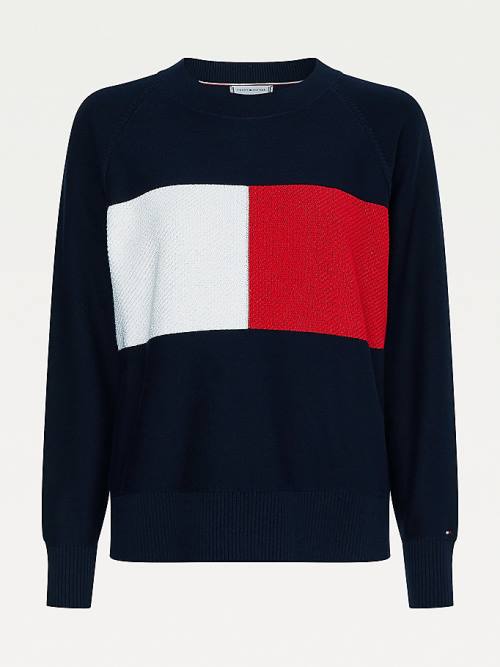 Ženske Tommy Hilfiger Organic Cotton Colour-Blocked Flag Jumper Džemper Plava | TH980PXH