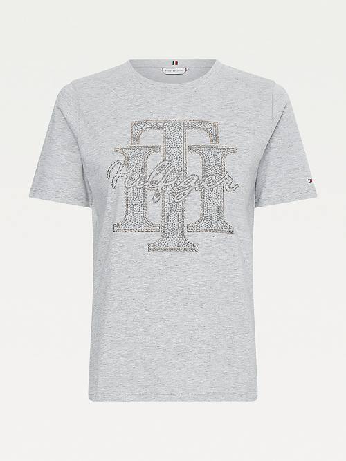 Ženske Tommy Hilfiger Organic Cotton Crystal Monogram Majice Siva | TH086ELD