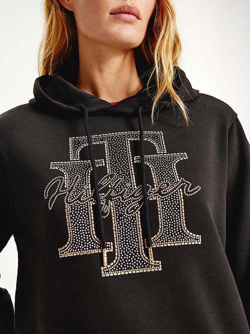 Ženske Tommy Hilfiger Organic Cotton Crystal Monogram Duks Hoodie Crna | TH947ZXG