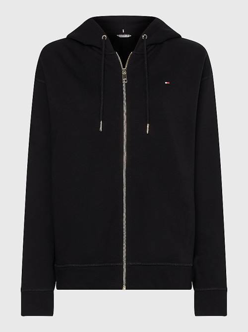 Ženske Tommy Hilfiger Organic Cotton Relaxed Fit Zip-Thru Duks Hoodie Crna | TH742PCJ