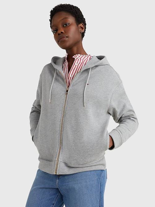 Ženske Tommy Hilfiger Organic Cotton Relaxed Fit Zip-Thru Duks Hoodie Siva | TH813NJI