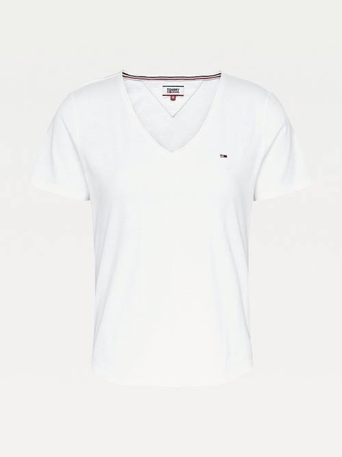 Ženske Tommy Hilfiger Organic Cotton V-Neck Slim Fit Majice Bela | TH642NEP