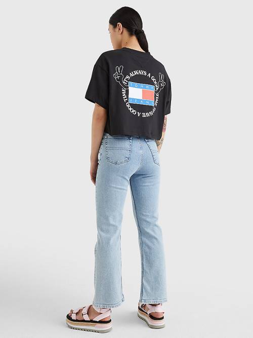 Ženske Tommy Hilfiger Oversized Cropped Slogan Majice Crna | TH769ZXB