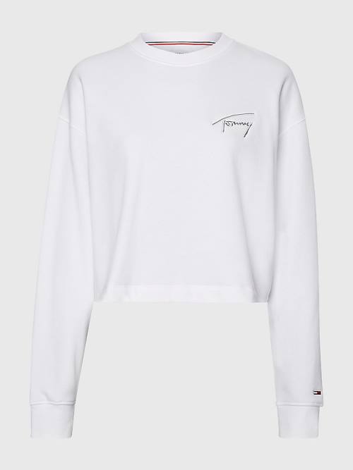 Ženske Tommy Hilfiger Recycled Signature Logo Cropped Duksevi Bela | TH630HUJ