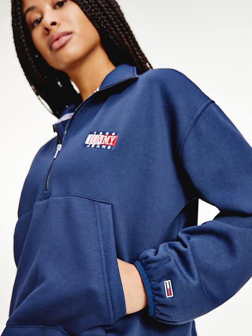 Ženske Tommy Hilfiger Relaxed Timeless Tommy Logo Half-Zip Sweatshirt Duks Hoodie Plava | TH063QWH