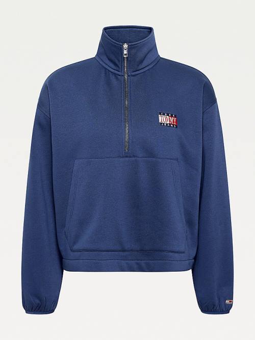 Ženske Tommy Hilfiger Relaxed Timeless Tommy Logo Half-Zip Sweatshirt Duks Hoodie Plava | TH063QWH