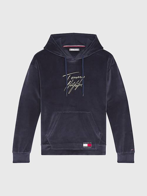 Ženske Tommy Hilfiger Signature Logo Velour Duks Hoodie Plava | TH685KBY