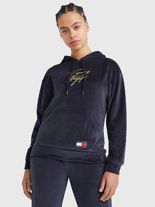 Ženske Tommy Hilfiger Signature Logo Velour Duks Hoodie Plava | TH685KBY