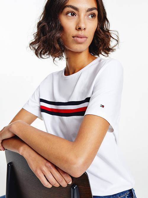 Ženske Tommy Hilfiger Signature Tape Crew Neck Majice Bela | TH702FKP