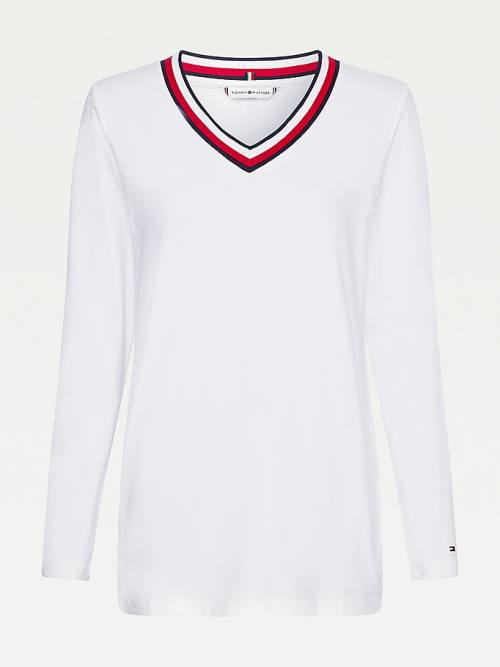 Ženske Tommy Hilfiger Signature Tape V-Neck Long Sleeve Majice Bela | TH239FKL