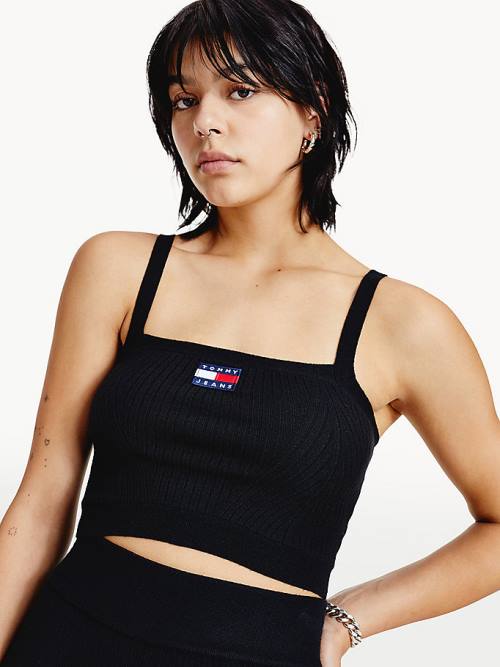 Ženske Tommy Hilfiger Super Cropped Badge Ribbed Cami Džemper Crna | TH108DYL