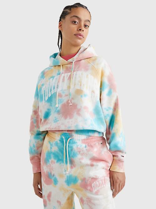 Ženske Tommy Hilfiger Tie-Dye Varsity Logo Boxy Duks Hoodie Bela | TH069KRQ