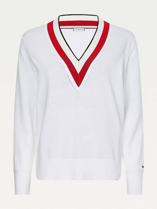 Ženske Tommy Hilfiger Tipped V-Neck Jumper Džemper Bela | TH471BTO