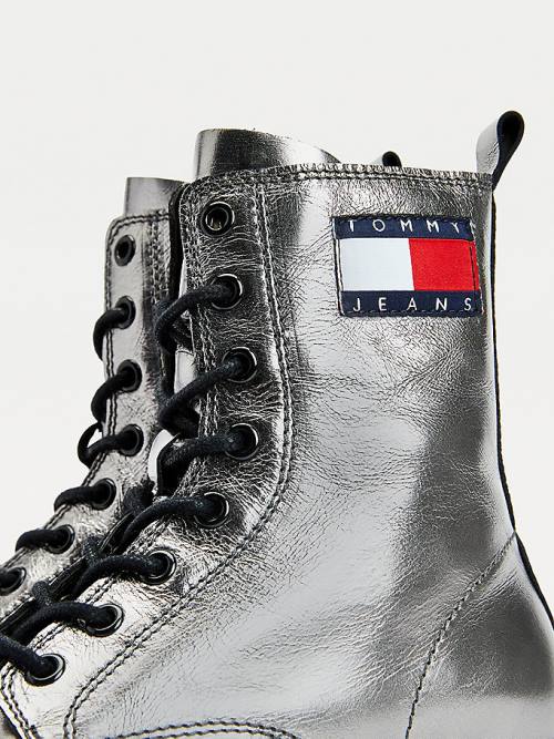 Ženske Tommy Hilfiger Tommy Badge Metallic Leather Cleat Čizme Siva | TH468QOL