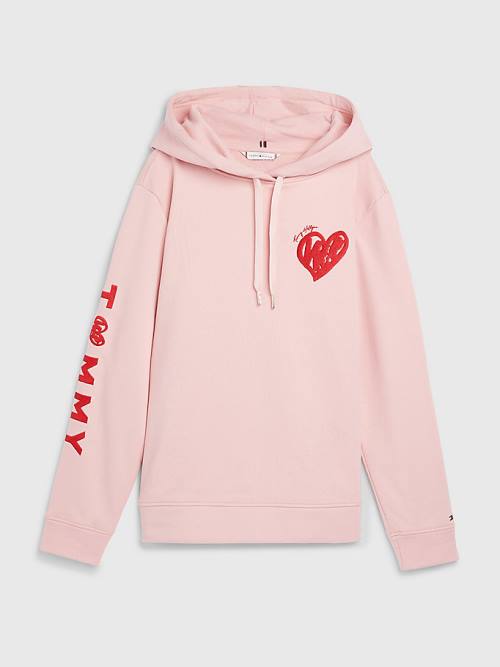 Ženske Tommy Hilfiger Valentines Heart Print Terry Duks Hoodie Roza | TH625CFI