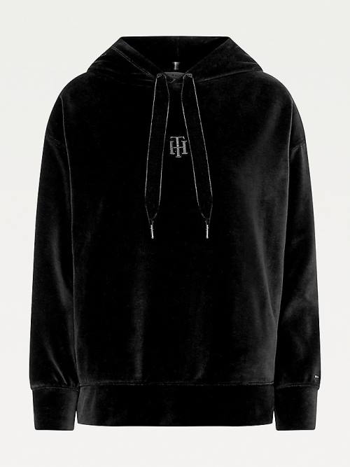 Ženske Tommy Hilfiger Velvet Monogram Relaxed Fit Duks Hoodie Crna | TH540BPM