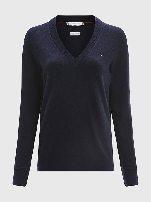 Ženske Tommy Hilfiger Wool Cashmere V-Neck Jumper Džemper Plava | TH982MTZ