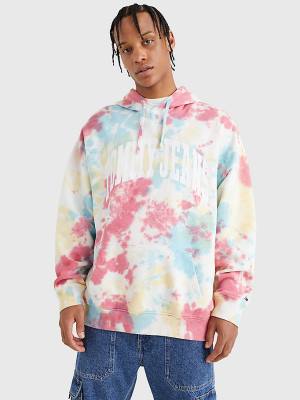 Muške Tommy Hilfiger College Logo Tie-Dye Duks Hoodie Bela | TH657SVU