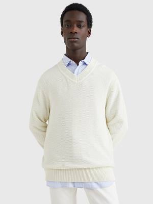 Muške Tommy Hilfiger Elevated Textured V-Neck Jumper Džemper Bela | TH083WAX