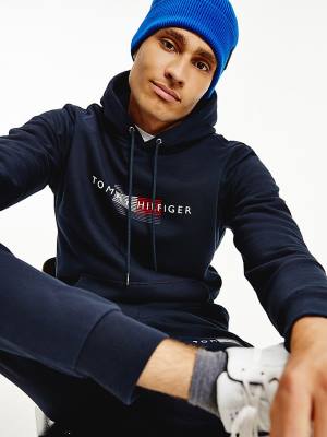 Muške Tommy Hilfiger Front Logo Organic Cotton Fleece Duks Hoodie Plava | TH471XBI