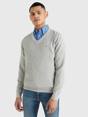 Muške Tommy Hilfiger Knitted Grid Check V-Neck Jumper Džemper Siva | TH054NZQ