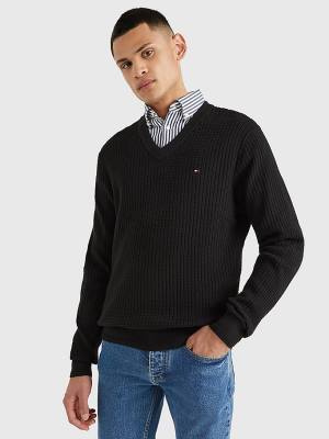 Muške Tommy Hilfiger Knitted Grid Check V-Neck Jumper Džemper Crna | TH147AMK