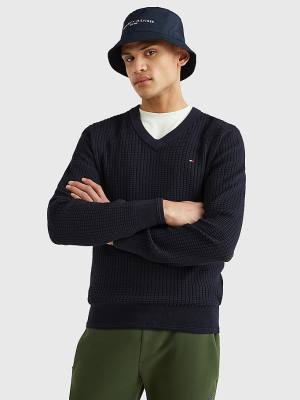 Muške Tommy Hilfiger Knitted Grid Check V-Neck Jumper Džemper Plava | TH193ANV