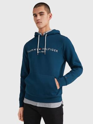 Muške Tommy Hilfiger Logo Duks Hoodie Plava | TH523WSD