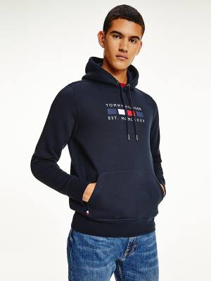 Muške Tommy Hilfiger Logo Embroidery Fleece Duks Hoodie Plava | TH758TCH