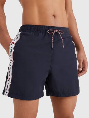 Muške Tommy Hilfiger Logo Tape Slim Fit Mid Length Shorts Kupaći Kostimi Plava | TH476BFD