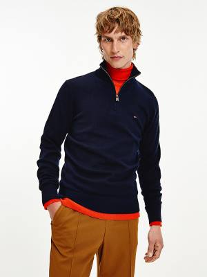 Muške Tommy Hilfiger Pima Cotton Cashmere Half Zip Jumper Džemper Plava | TH012NIL