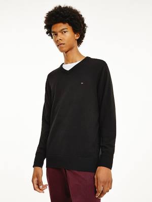 Muške Tommy Hilfiger Pima Cotton Cashmere V-Neck Jumper Džemper Crna | TH071YNQ