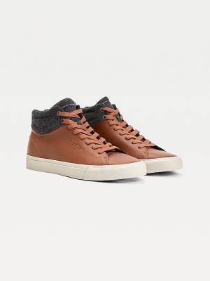 Muške Tommy Hilfiger Premium Leather Signature High-Top Patike Braon | TH418PQL