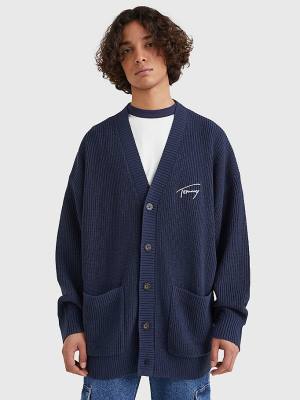 Muške Tommy Hilfiger Signature Embroidery V-Neck Knitted Cardigan Džemper Plava | TH610RON