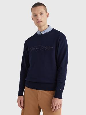 Muške Tommy Hilfiger Signature Logo Embroidery Jumper Džemper Plava | TH892WRN