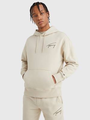 Muške Tommy Hilfiger Signature Logo Relaxed Fit Duks Hoodie Bež | TH509YZW