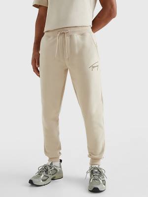 Muške Tommy Hilfiger Slim Fleece Signature Joggers Pantalone Bež | TH630BIZ