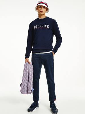 Muške Tommy Hilfiger Supima Cotton Graphic Crew Neck Jumper Džemper Plava | TH302MED