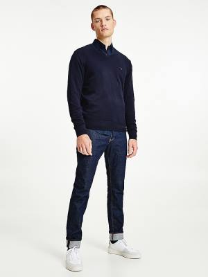 Muške Tommy Hilfiger V-Neck Cotton Blend Sweatshirt Džemper Plava | TH231MVQ